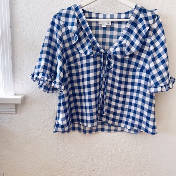 Top Shop Gingham Check Ruffle Blouse - Picture 2 of 5